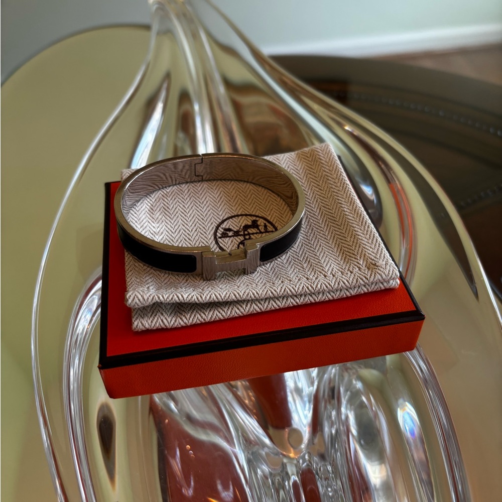 Hermes Black Enamel Clic H Bracelet with Silver Hardware